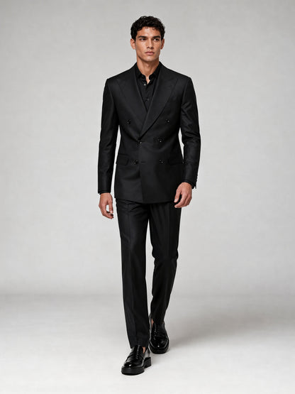 Savile GA0032 Black Double-Breasted 2-Piece Suit – Front upper body close-up, lapel detail