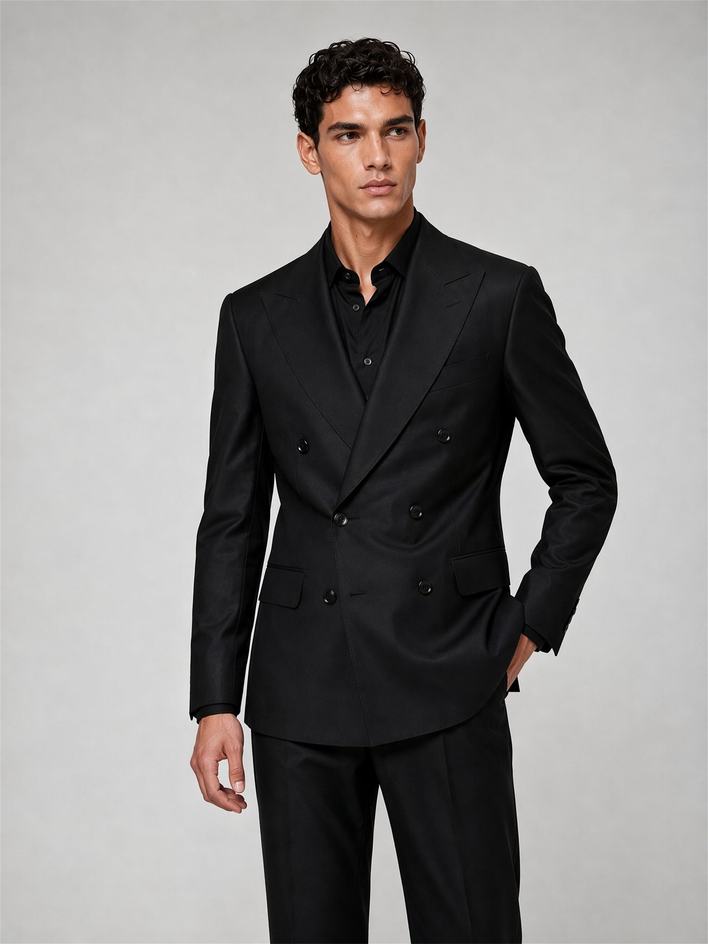 Savile GA0032 Black Double-Breasted 3-Piece Suit – Front full body, direct stance