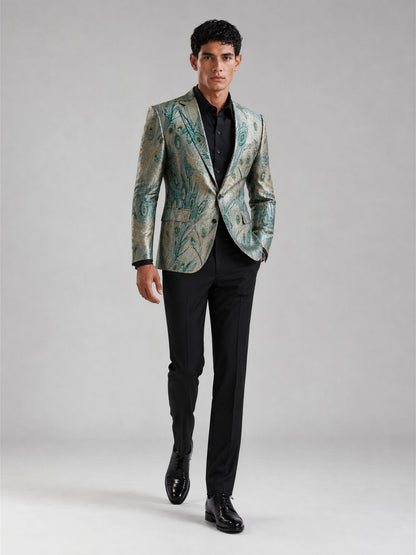 Savile GA0034 Peacock Feather Jacquard Blazer – Front upper body close-up, lapel and fabric detail