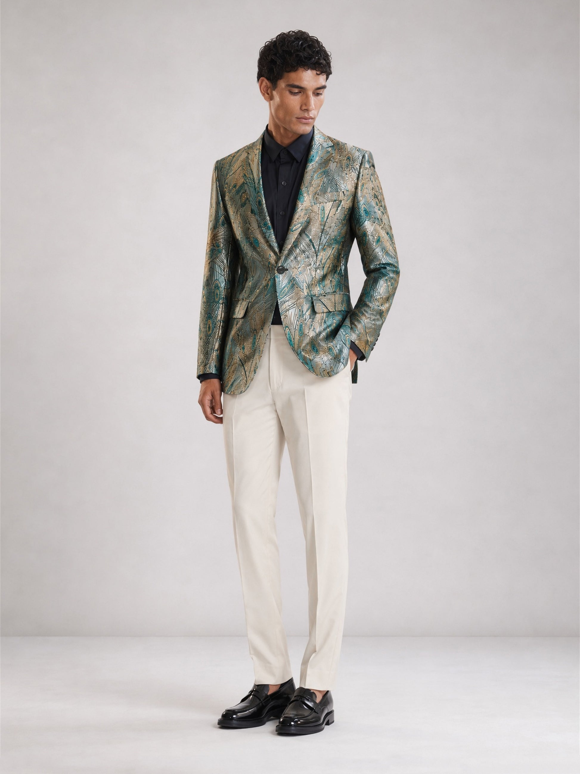 Savile GA0034 Peacock Feather Jacquard Blazer – Front full body, walking pose with black trousers