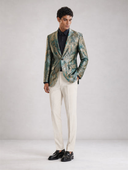 Savile GA0034 Peacock Feather Jacquard Blazer – Front full body, walking pose with black trousers
