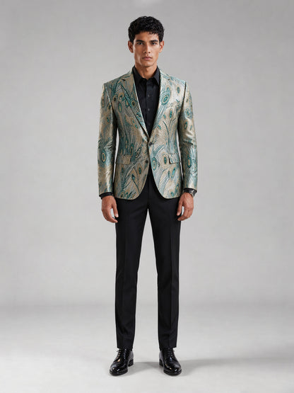 Savile GA0034 Peacock Feather Jacquard Blazer – Front full body, direct stance with cream trousers
