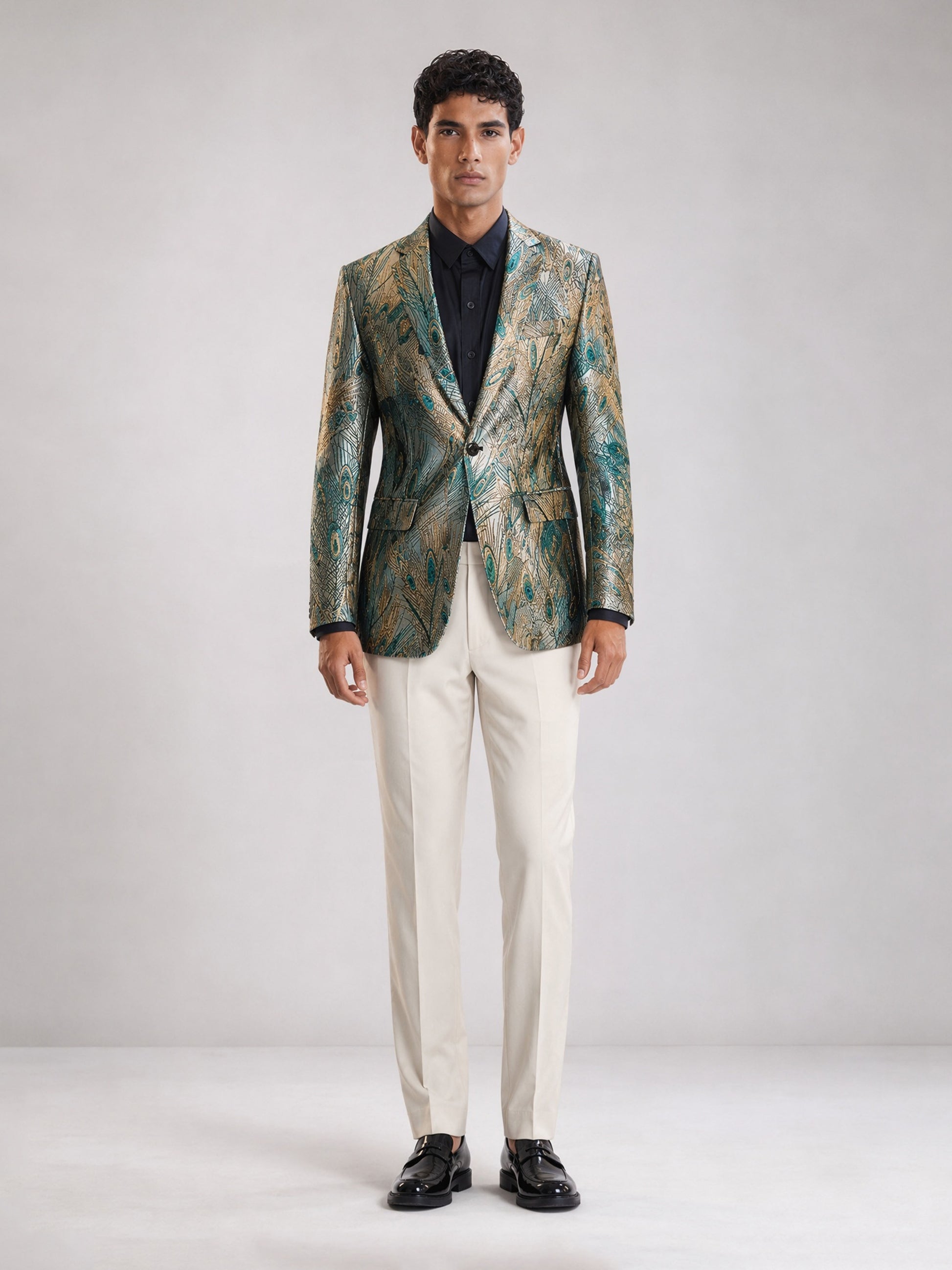 Savile GA0034 Peacock Feather Jacquard Blazer – Back full body view with cream trousers