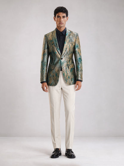 Savile GA0034 Peacock Feather Jacquard Blazer – Back full body view with cream trousers