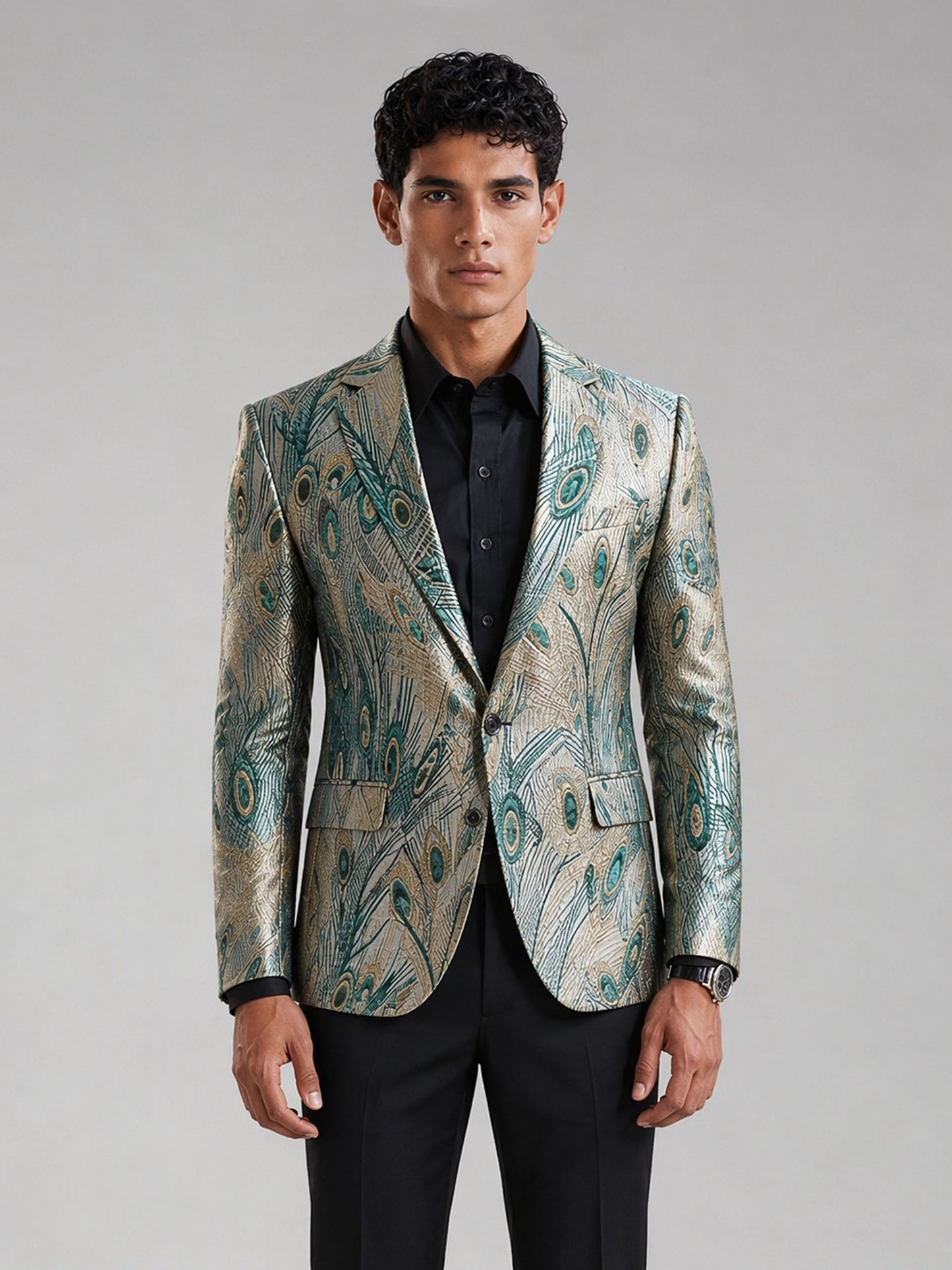 Savile GA0034 Peacock Feather Jacquard Blazer – Front full body, relaxed stance with cream trousers