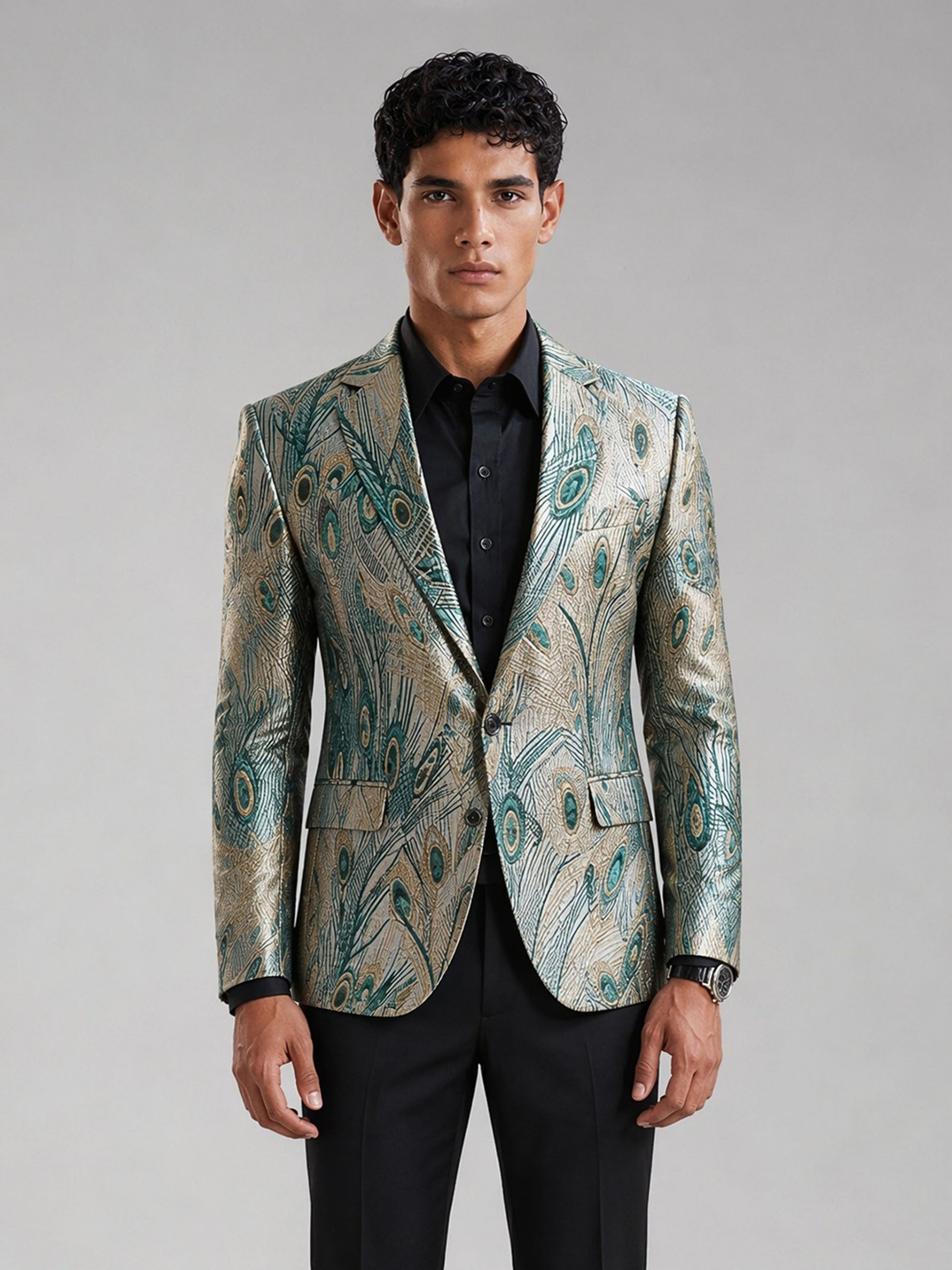 Savile GA0034 Peacock Feather Jacquard Blazer – Front full body, relaxed stance with cream trousers