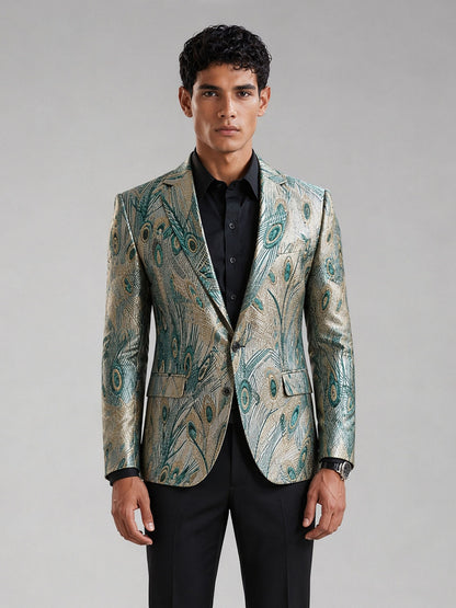 Savile GA0034 Peacock Feather Jacquard Blazer – Front full body, relaxed stance with cream trousers
