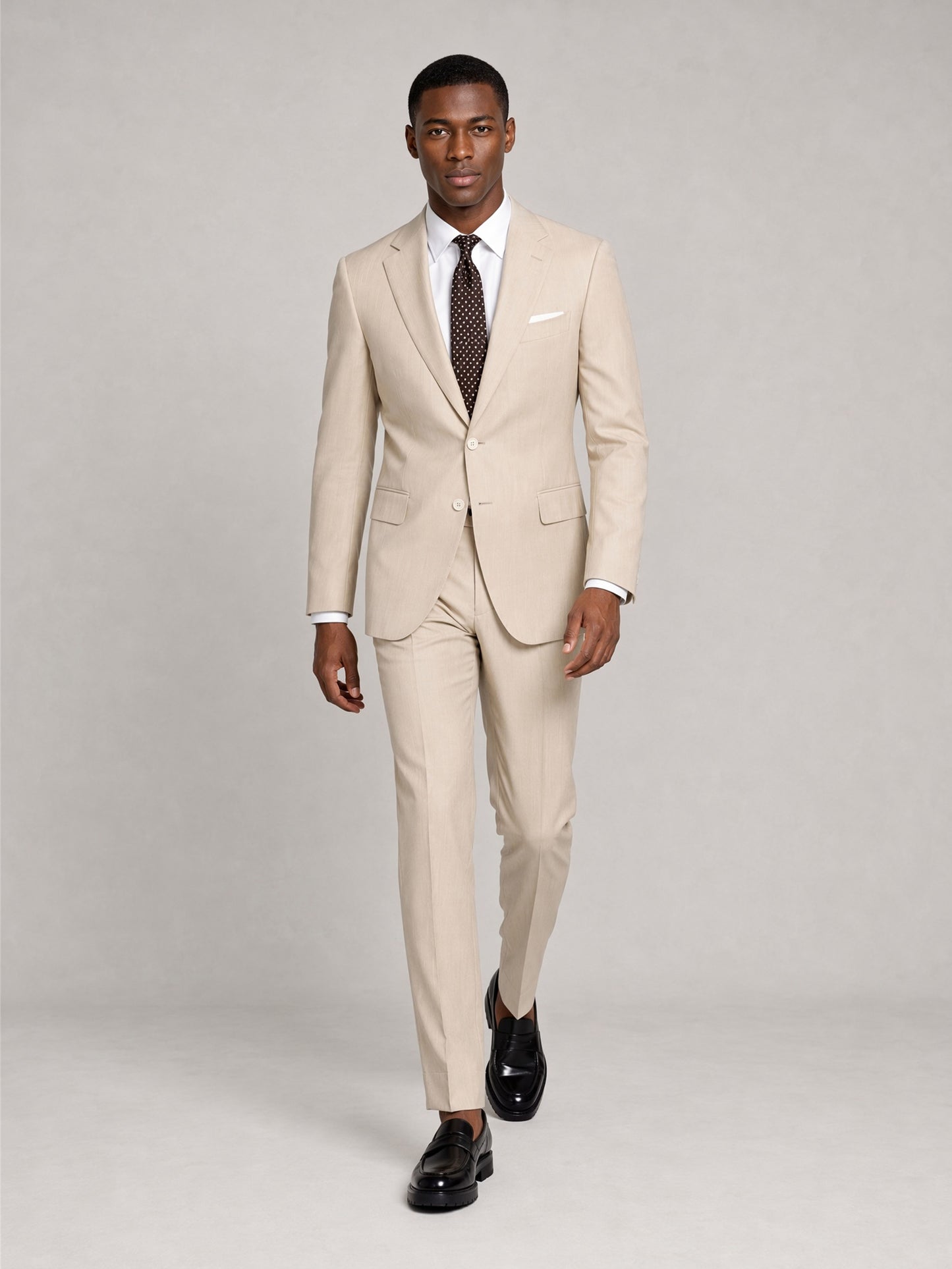 Savile GA0035 Beige 3-Piece Suit – Front full body, adjusting button pose