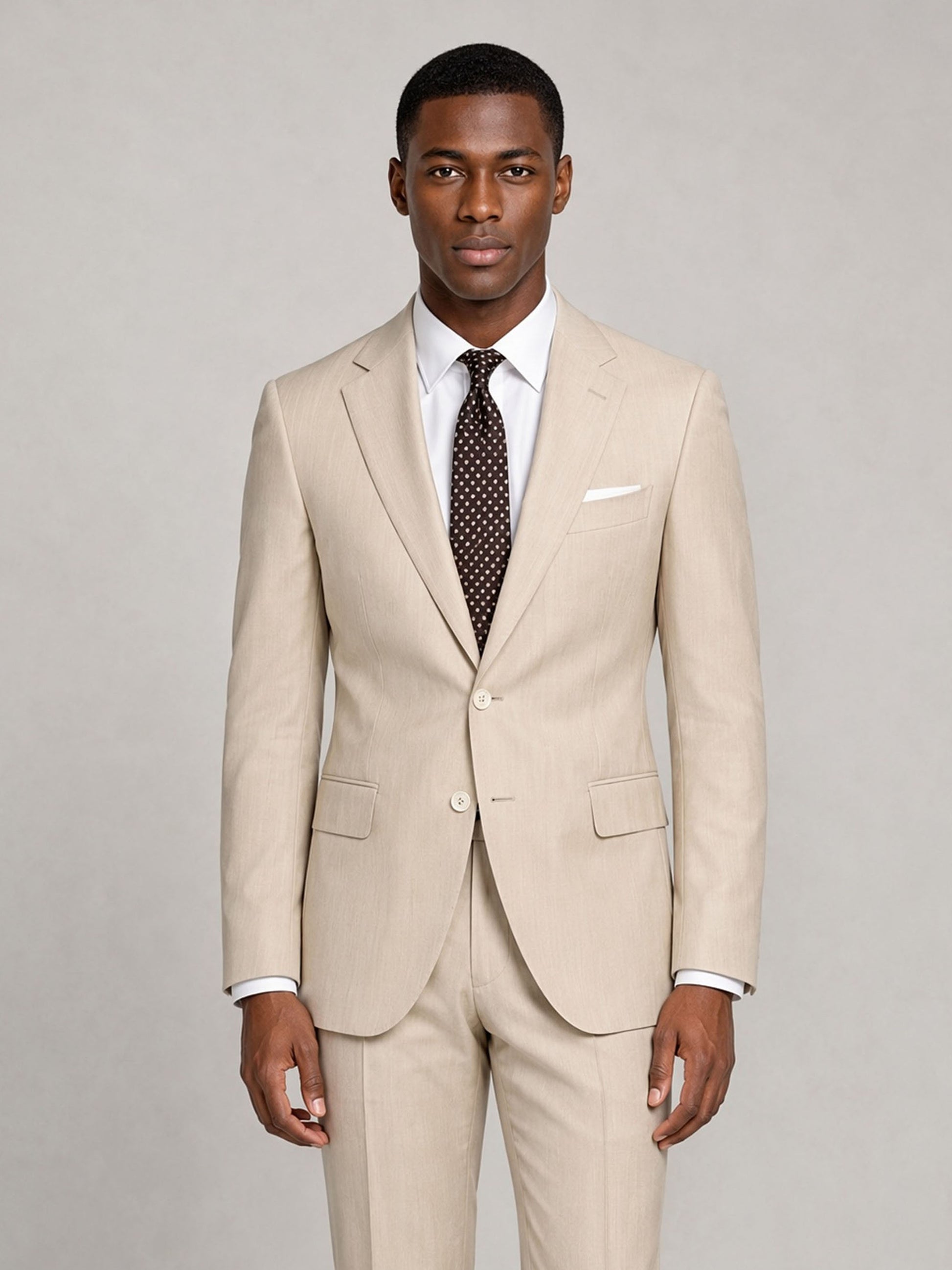 Savile GA0035 Beige 3-Piece Suit – Front full body, walking pose