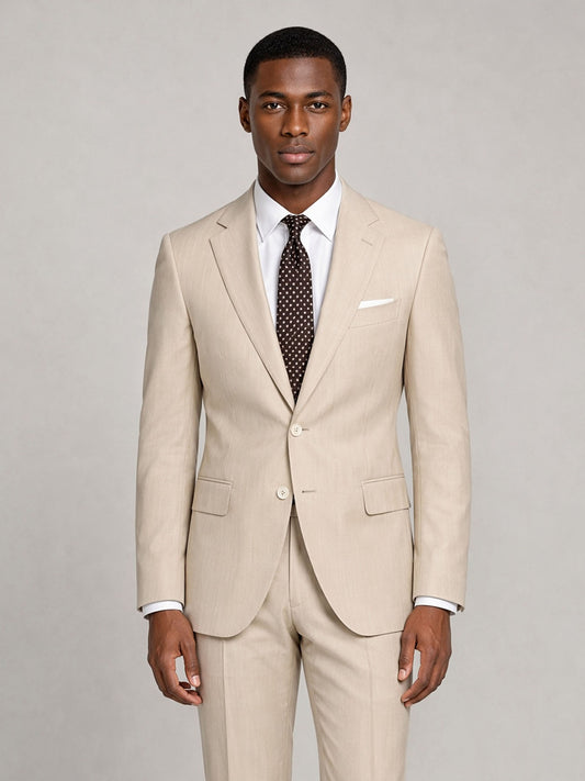 Savile GA0035 Beige 3-Piece Suit – Front full body, walking pose