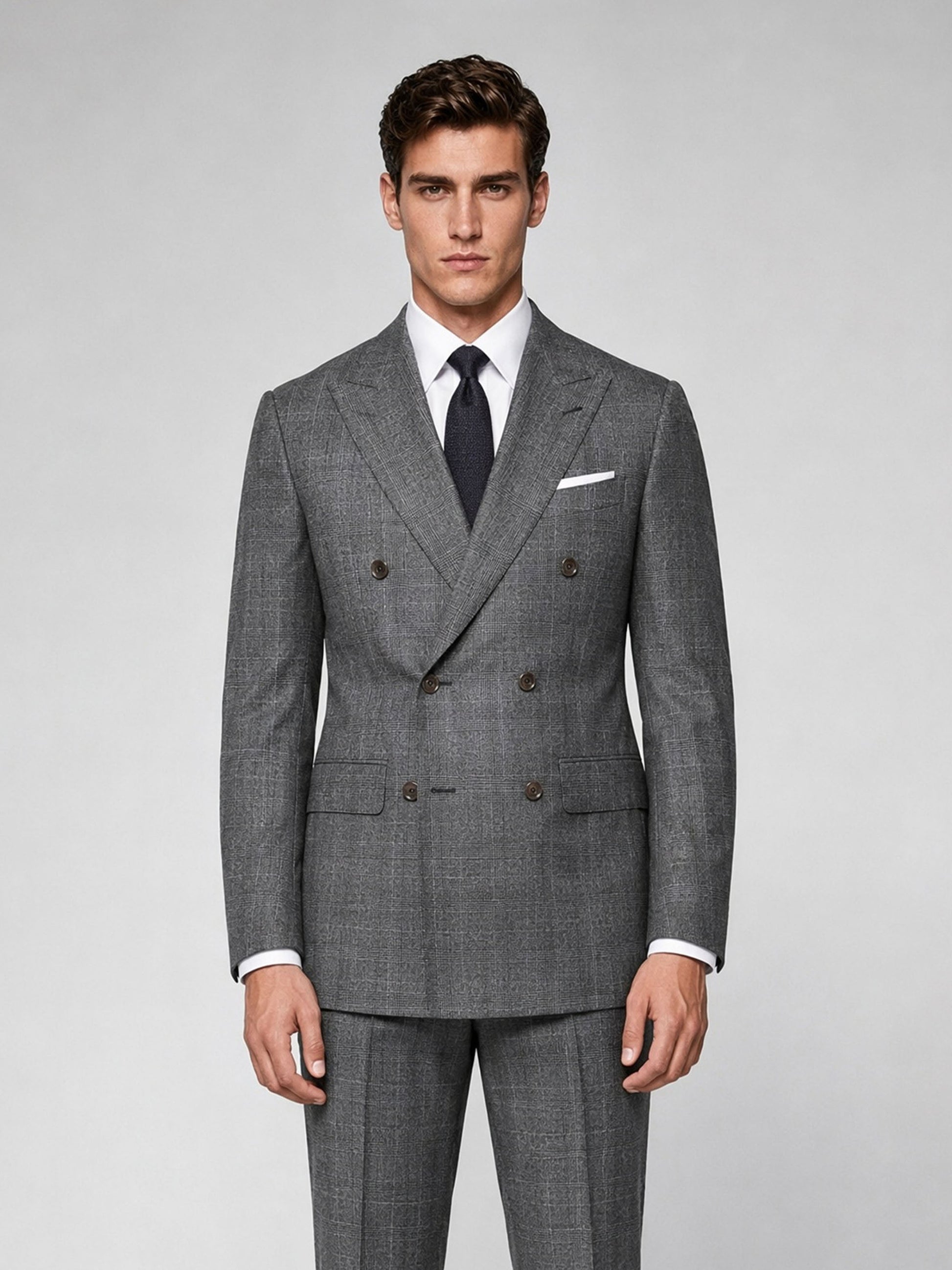 Savile GA0036 Grey Glen Plaid Double-Breasted Suit – Front full body, walking pose
