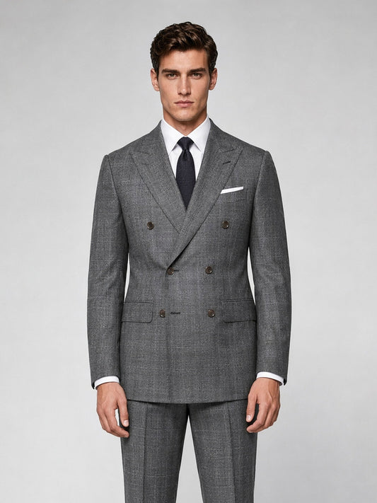 Savile GA0036 Grey Glen Plaid Double-Breasted Suit – Front full body, walking pose