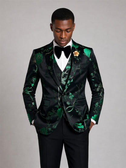 Savile GA0037 Black Green Floral Jacquard 3-Piece Tuxedo Suit – Front upper body close-up, peak lapel and floral detail