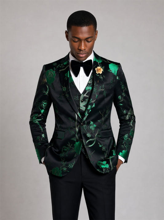 Savile GA0037 Black Green Floral Jacquard 4-Piece Tuxedo Suit – Front upper body close-up, peak lapel and floral detail