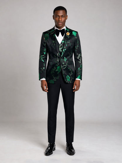 Savile GA0037 Black Green Floral Jacquard 3-Piece Tuxedo Suit – Front upper body, looking down showing vest detail