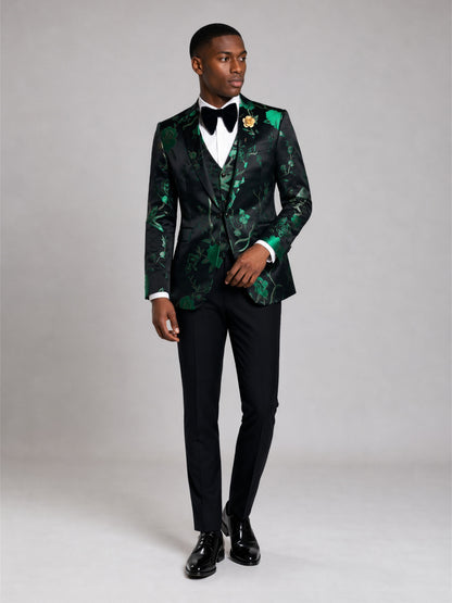 Savile GA0037 Black Green Floral Jacquard 3-Piece Tuxedo Suit – Front full body, direct stance