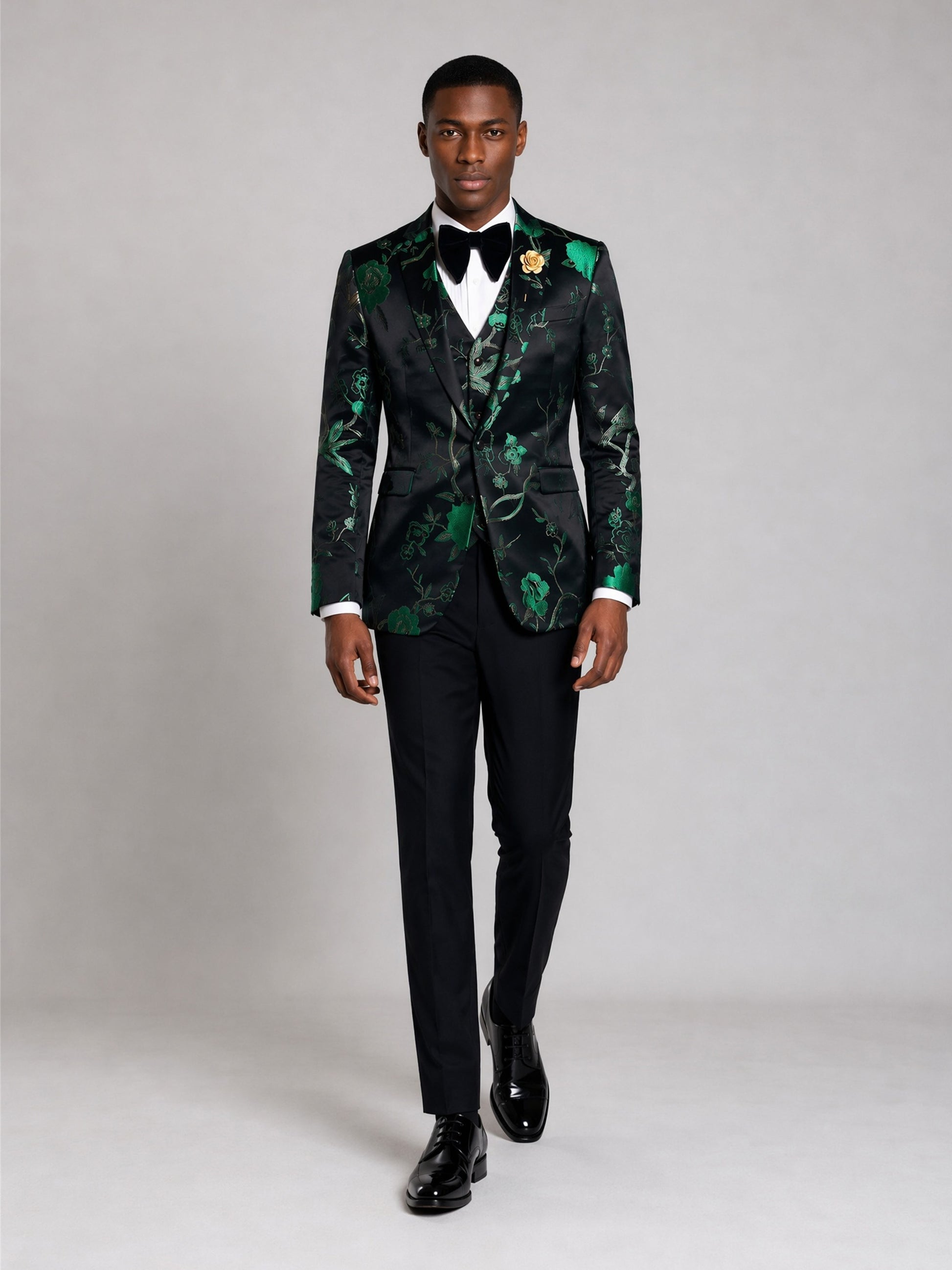 Savile GA0037 Black Green Floral Jacquard 4-Piece Tuxedo Suit – Front full body, 3/4 side view