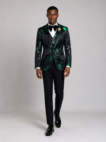 Savile GA0037 Black Green Floral Jacquard 3-Piece Tuxedo Suit – Front full body, 3/4 side view