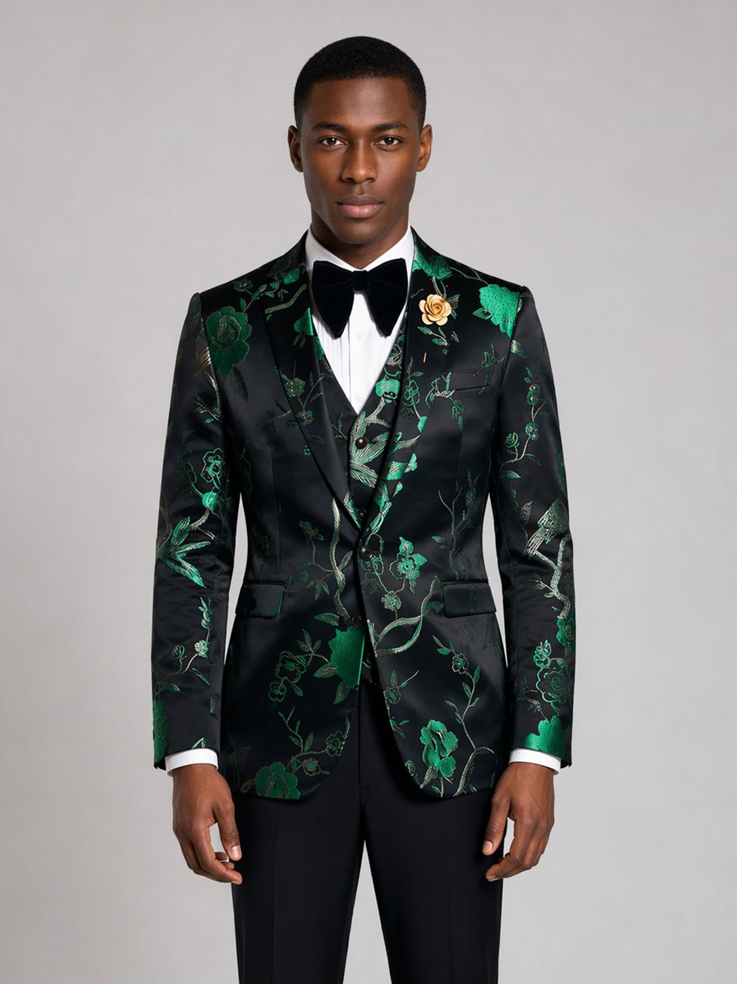 Savile GA0037 Black Green Floral Jacquard 4-Piece Tuxedo Suit – Front full body, walking pose