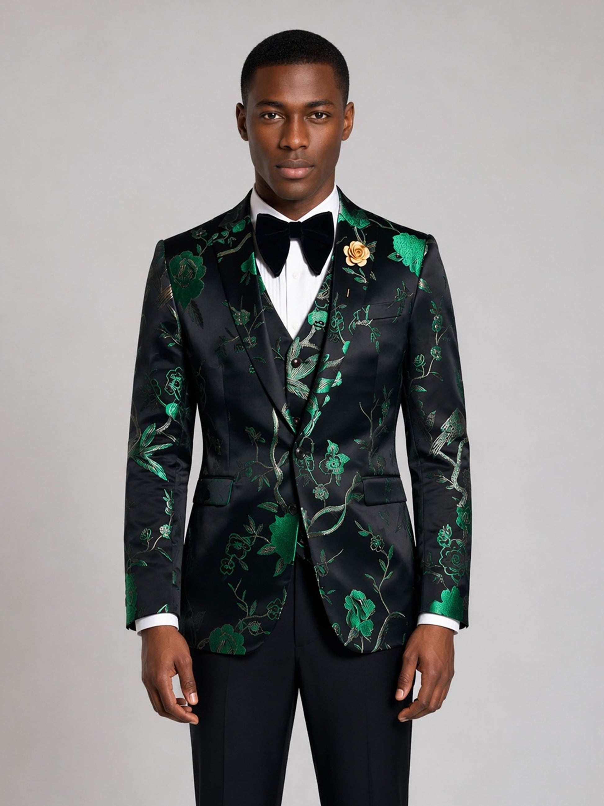 Savile GA0037 Black Green Floral Jacquard 4-Piece Tuxedo Suit – Front full body, walking pose