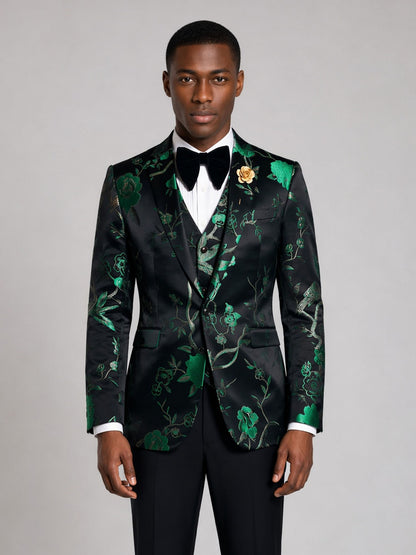 Savile GA0037 Black Green Floral Jacquard 3-Piece Tuxedo Suit – Front full body, walking pose