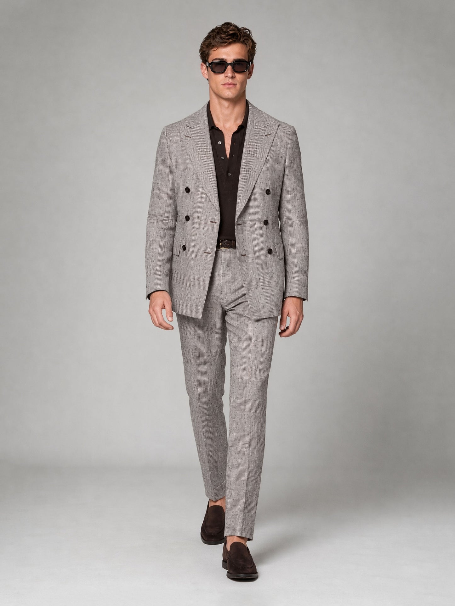 Savile GA0038 Grey Brown Glen Plaid Double-Breasted Suit – Front upper body close-up, peak lapel and plaid detail