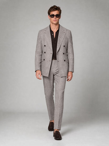 Savile GA0038 Grey Brown Glen Plaid Double-Breasted Suit – Front upper body close-up, peak lapel and plaid detail