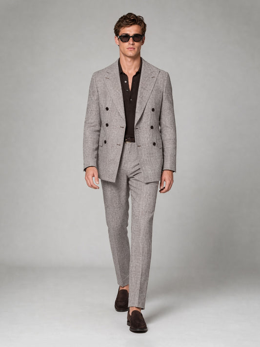 Savile GA0038-2 Grey Brown Glen Plaid Double-Breasted Suit – Front upper body close-up, peak lapel and plaid detail