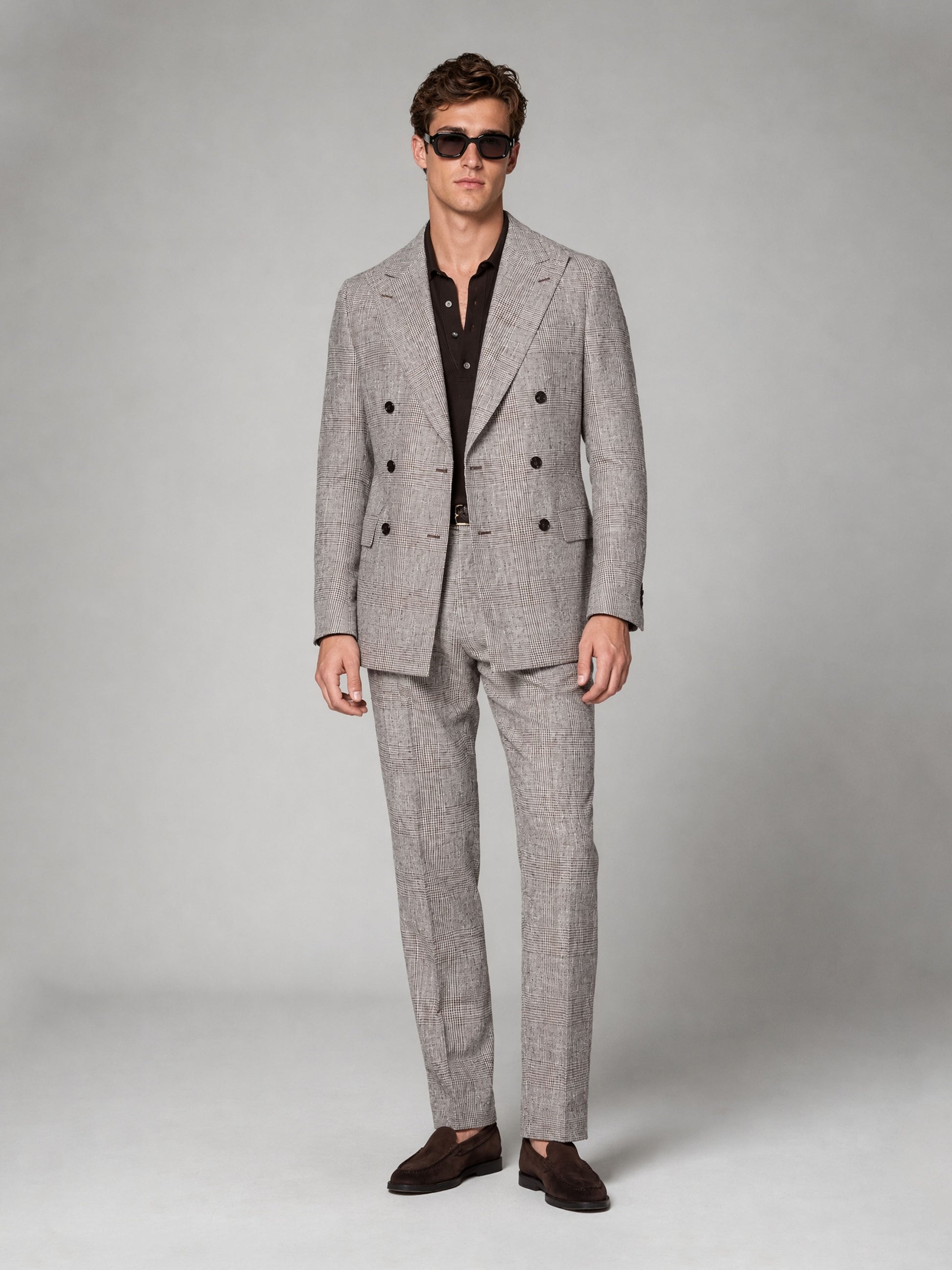 Savile GA0038 Grey Brown Glen Plaid Double-Breasted Suit – Front full body, walking pose