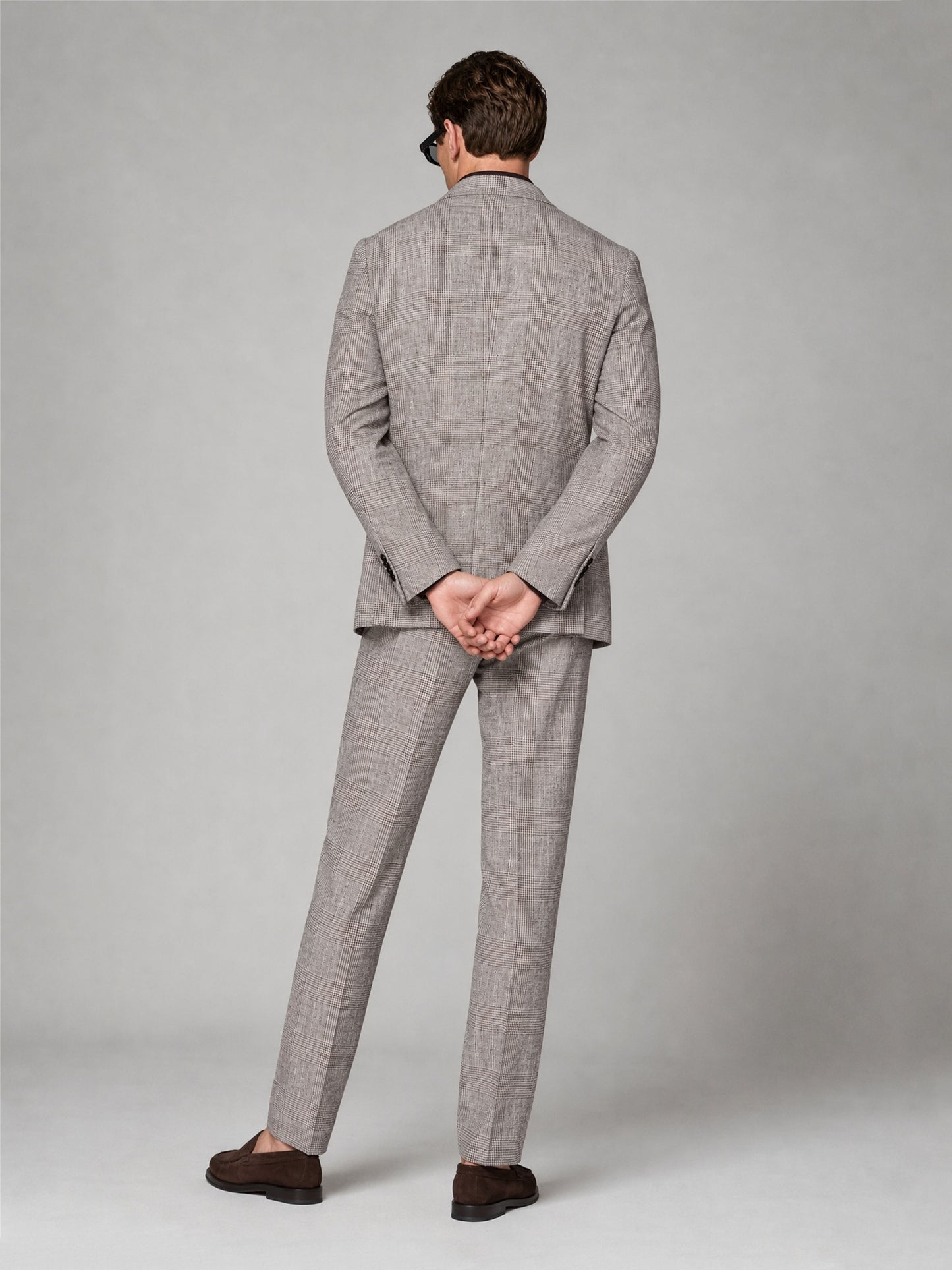 Savile GA0038 Grey Brown Glen Plaid Double-Breasted Suit – Front 3/4 view, hand in pocket pose