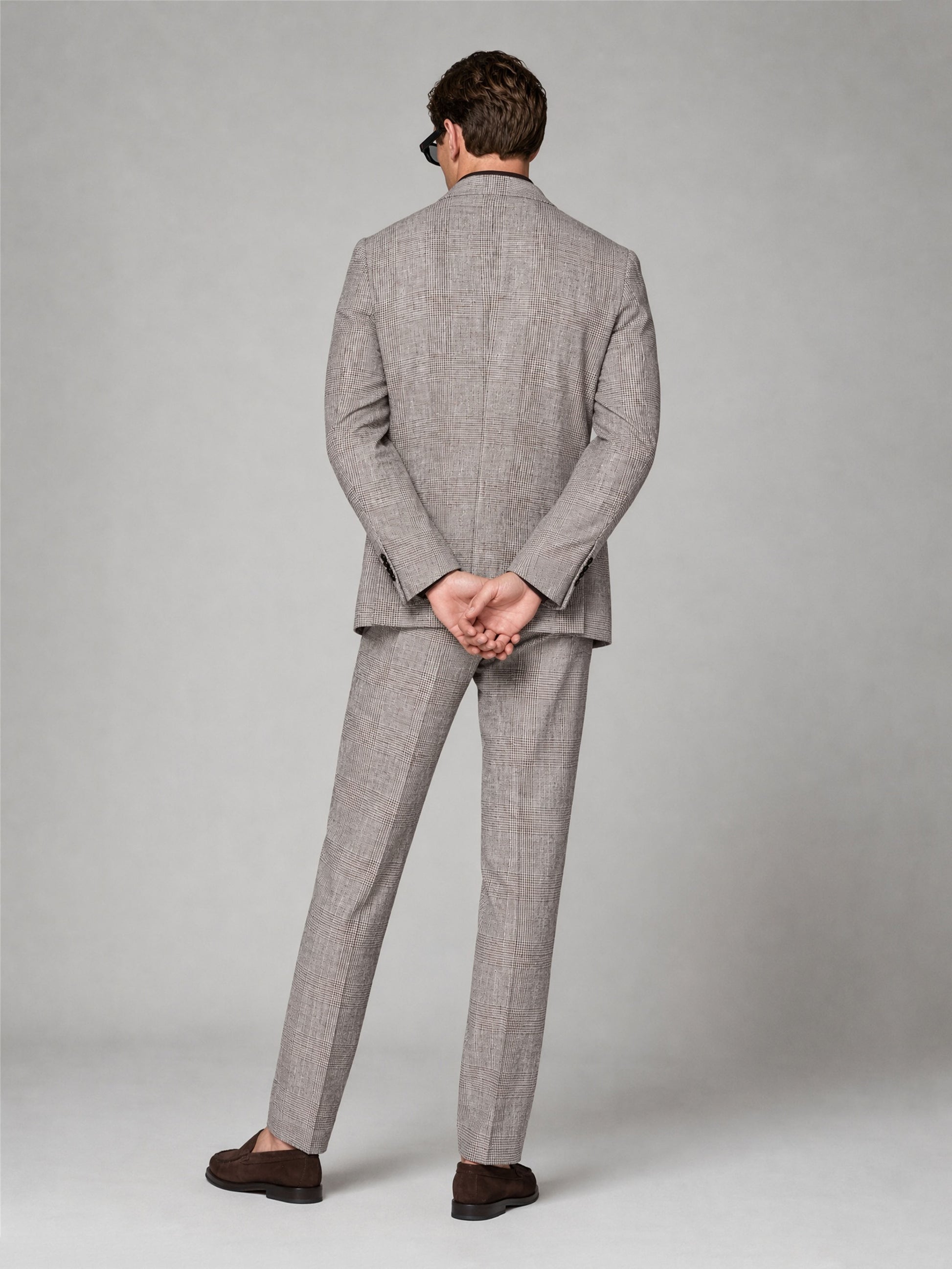 Savile GA0038-2 Grey Brown Glen Plaid Double-Breasted Suit – Front 3/4 view, hand in pocket pose