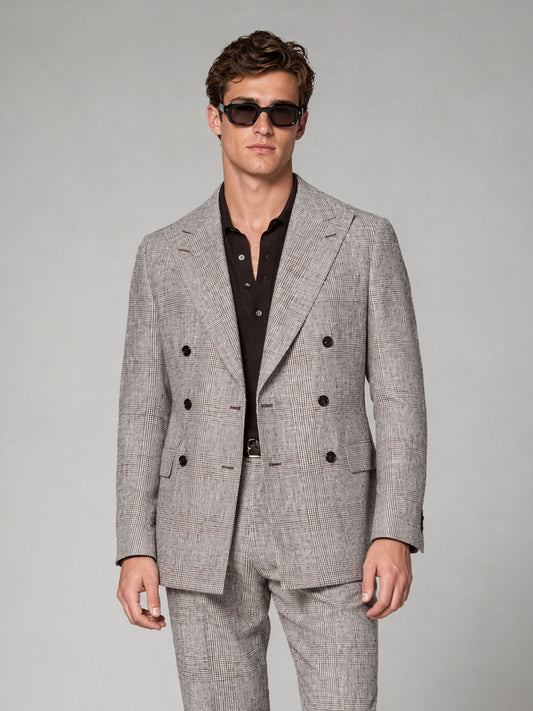 Savile GA0038 Grey Brown Glen Plaid Double-Breasted Suit – Back full body view