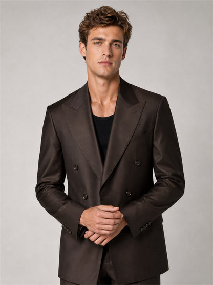 Savile GA0039 Dark Brown Double-Breasted Suit – Front upper body, hand in pocket pose