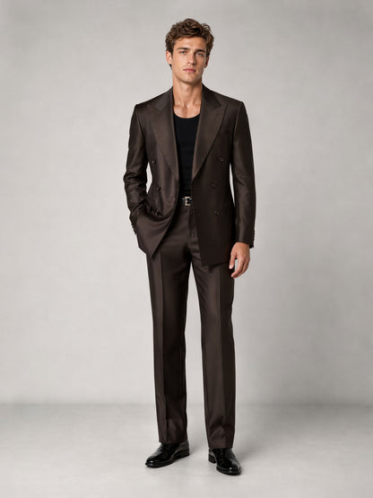 Savile GA0039 Dark Brown Double-Breasted Suit – Front upper body, hands clasped pose