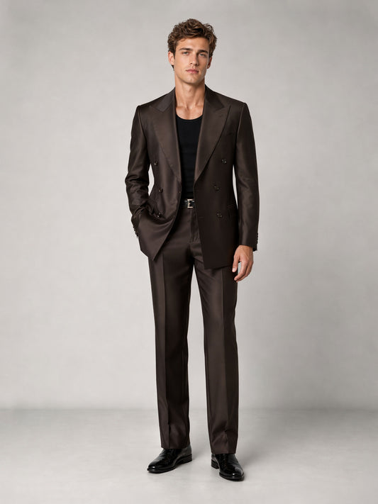 Savile GA0039 Dark Brown Double-Breasted Suit – Front upper body, hands clasped pose