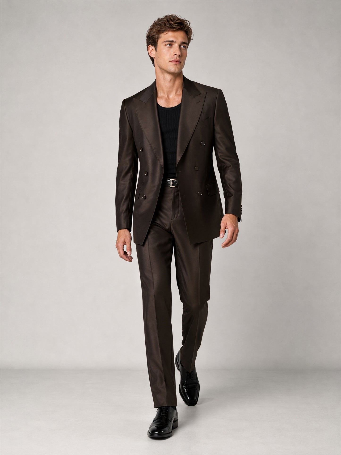 Savile GA0039 Dark Brown Double-Breasted Suit – Front full body, direct stance