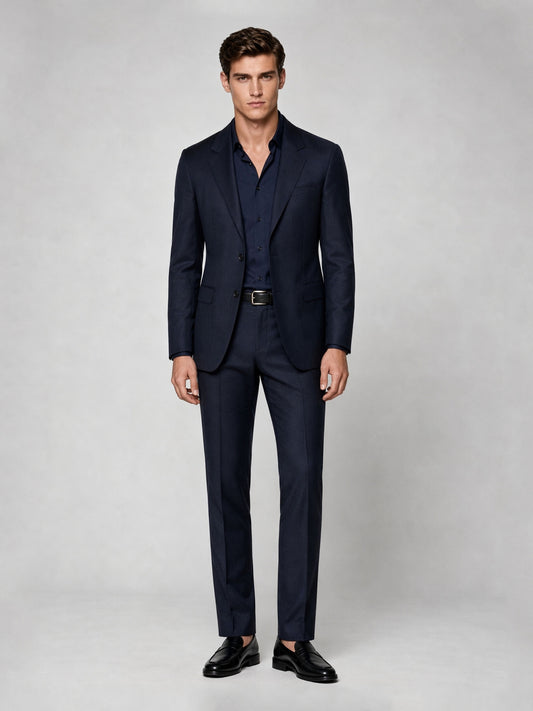 Savile GA0041 Navy Blue 3-Piece Suit – Front upper body, hands on lapels pose
