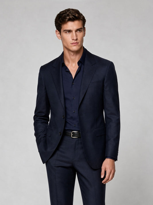 Savile GA0041 Navy Blue 3-Piece Suit – Front full body, hand in pocket relaxed pose