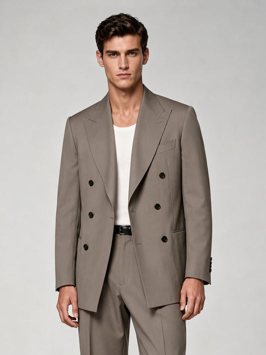 Savile GA0042 Mocha Brown Double-Breasted Suit – Front upper body, hands clasped pose