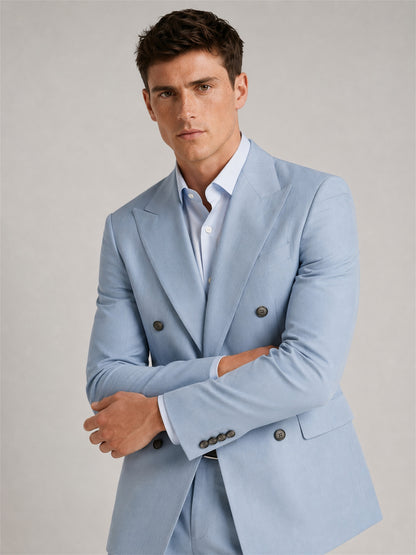 Savile GA0043 Sky Blue Double-Breasted Suit – Front full body, walking pose
