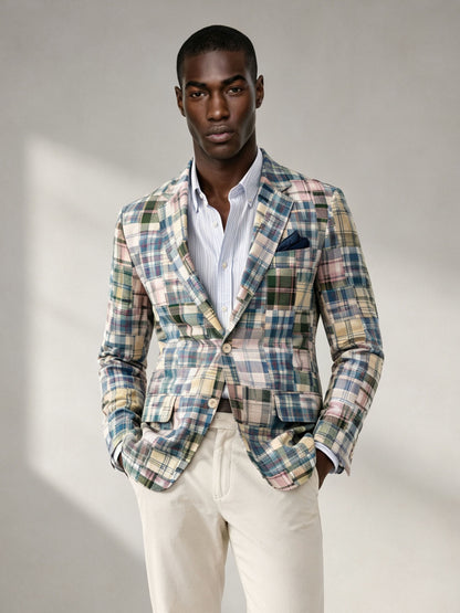 Savile Men's Madras Plaid Blazer – Multicolor Patchwork Sport Coat