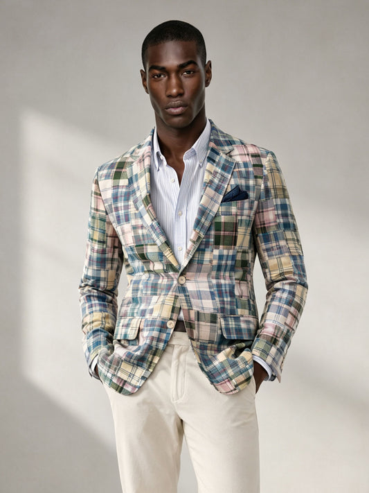 Savile Men's Madras Plaid Blazer – Multicolor Patchwork Sport Coat