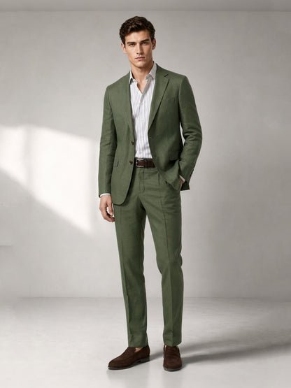 Savile Men's Olive Green 2-Piece Suit Set – Linen Blend Blazer & Trousers