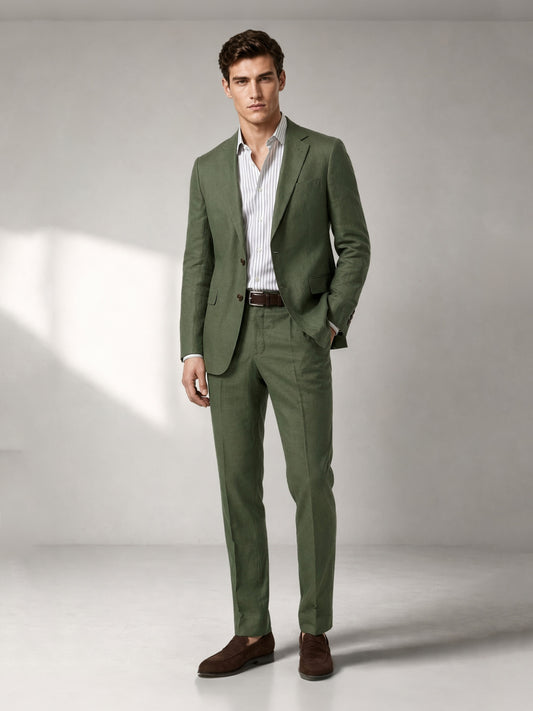 Savile Men's Olive Green 2-Piece Suit Set – Linen Blend Blazer & Trousers