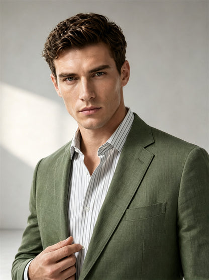 Savile Men's Olive Green 2-Piece Suit Set – Linen Blend Blazer & Trousers