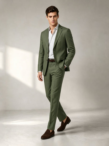 Savile Men's Olive Green 2-Piece Suit Set – Linen Blend Blazer & Trousers