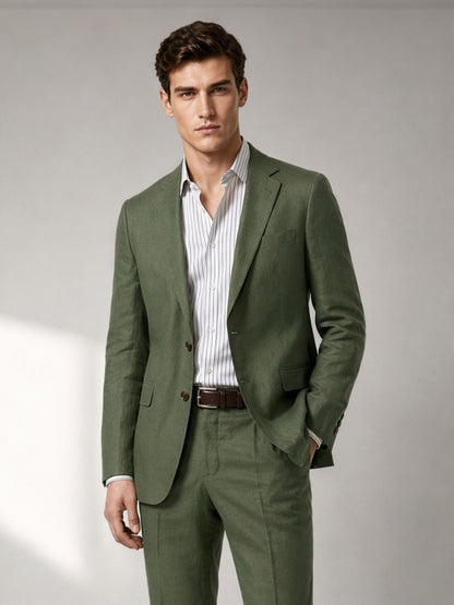 Savile Men's Olive Green 2-Piece Suit Set – Linen Blend Blazer & Trousers