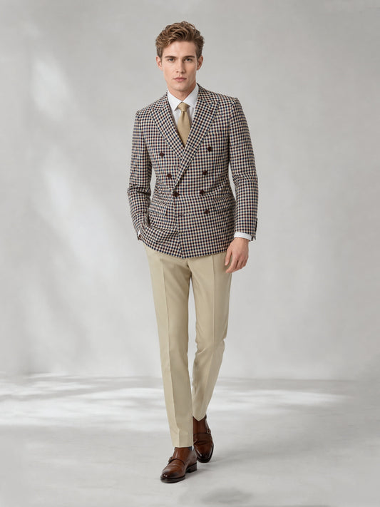Savile GA0046 Houndstooth Double-Breasted Blazer – Upper body close-up, peak lapel and button detail