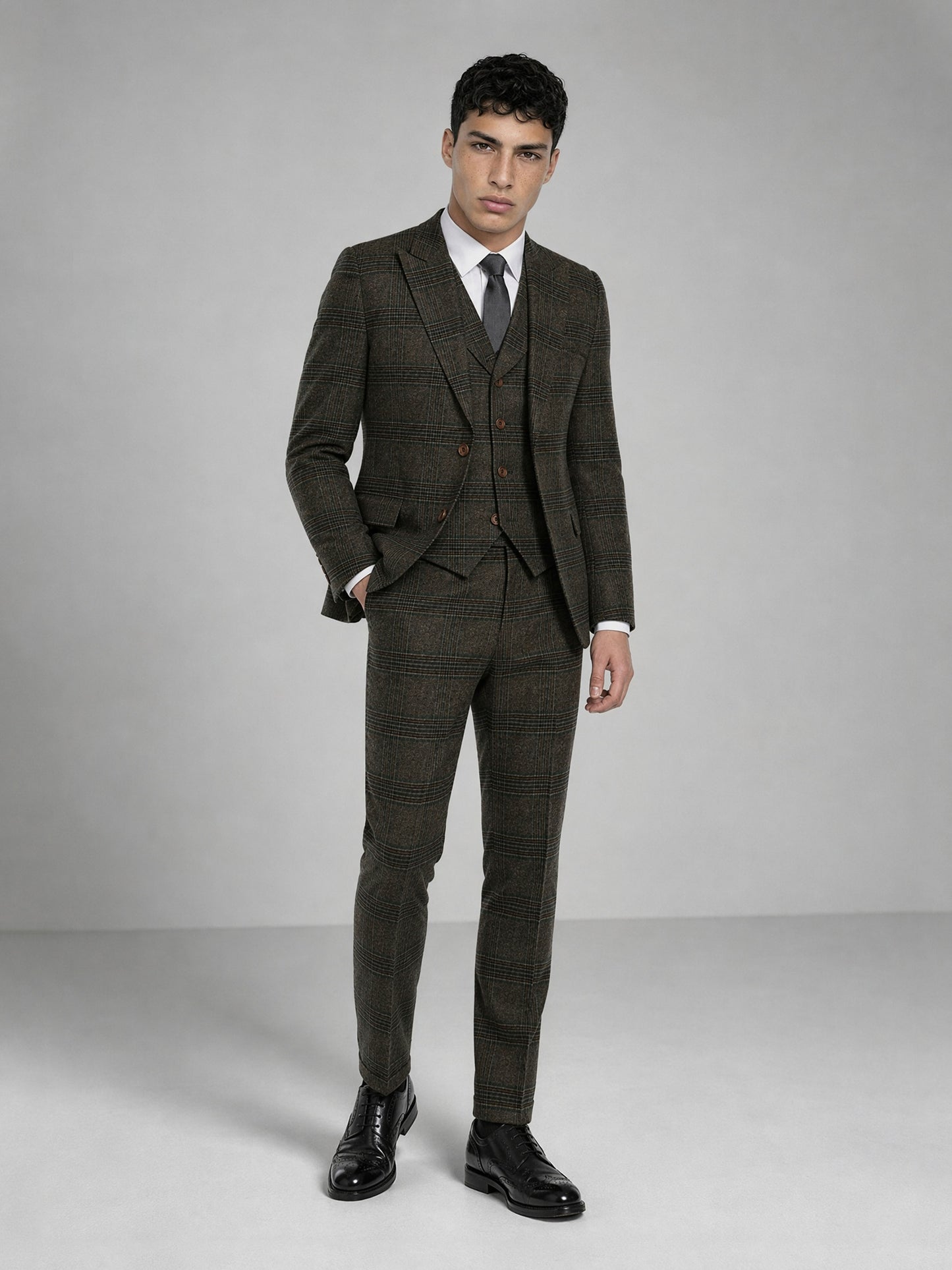 Savile GA0047 Glen Plaid 4-Piece Suit Set – Vest and trousers front full body, double-breasted vest detail