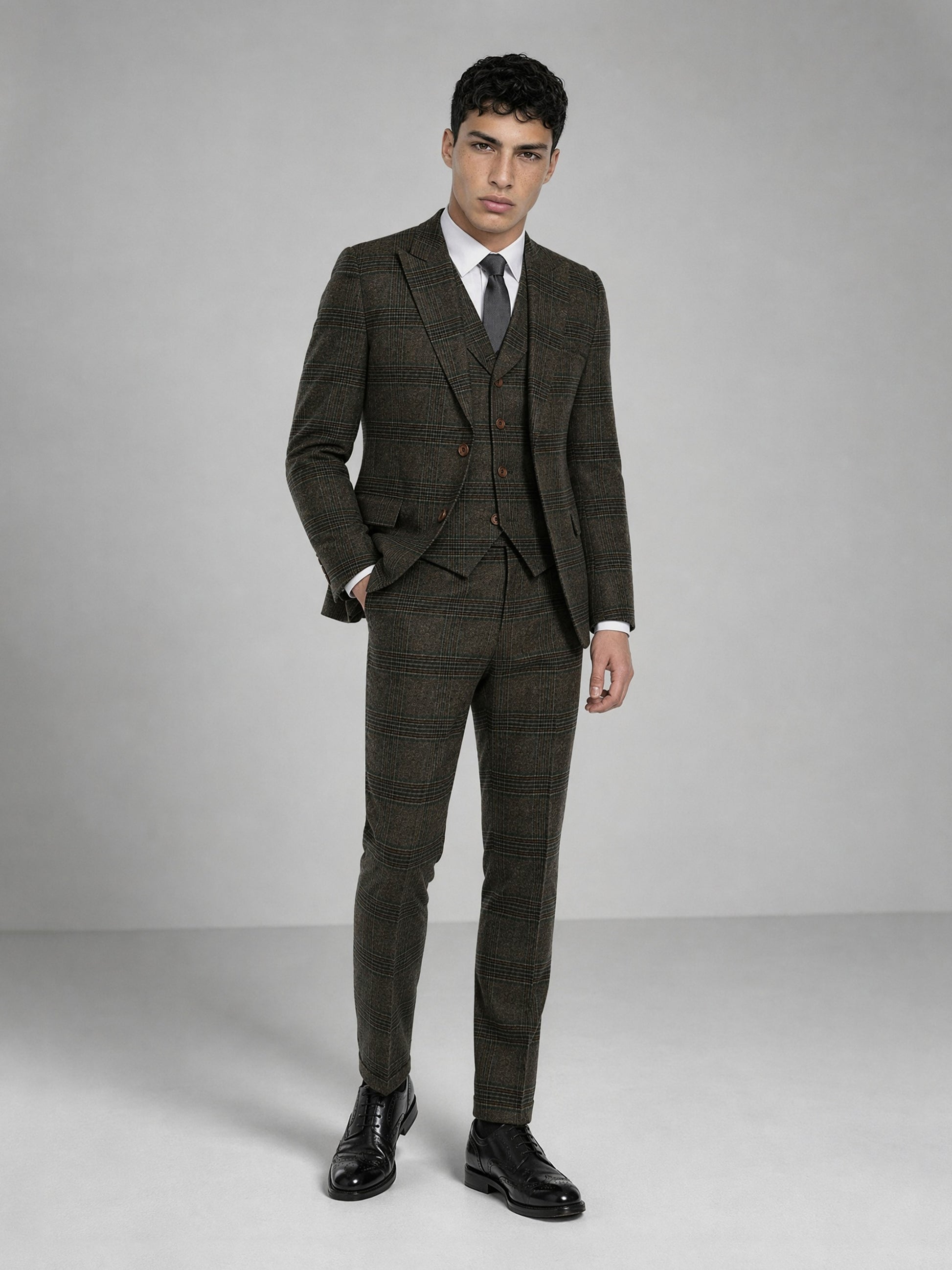 Savile GA0047 Glen Plaid 4-Piece Suit Set – Vest and trousers front full body, double-breasted vest detail